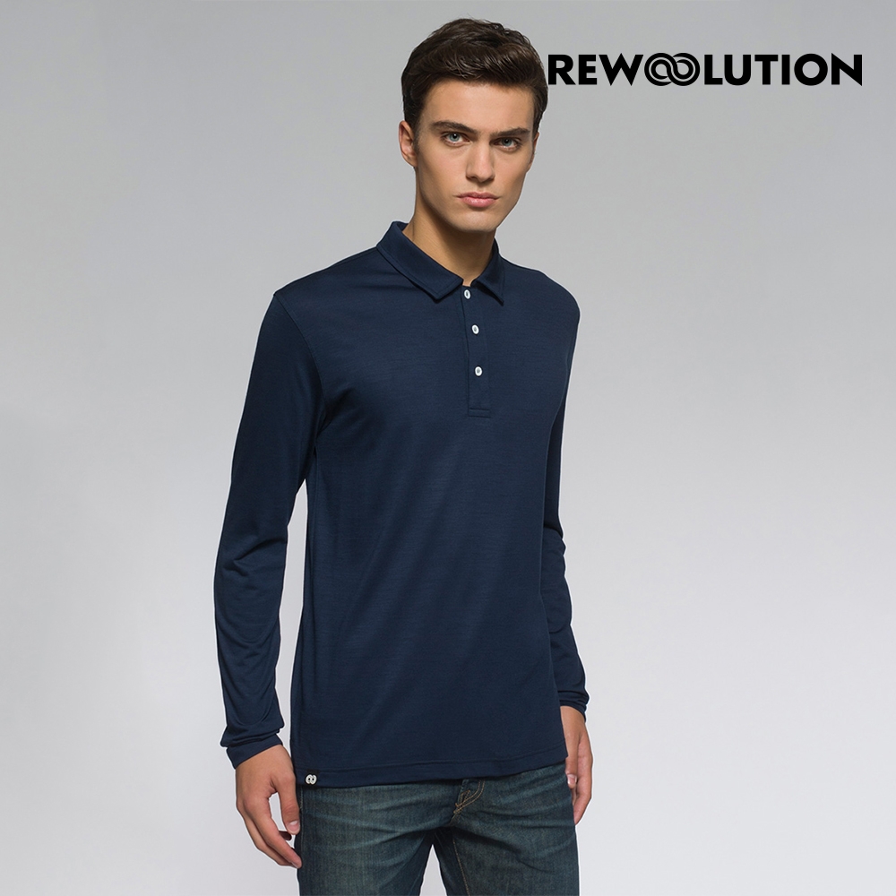【Rewoolution】男 INDY 190g長袖Polo衫[海軍藍] 羊毛衣 長袖T恤 登山必備 吸濕排汗 REAB2MC30156 (海軍藍)