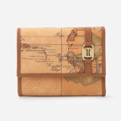 Alviero Martini 義大利地圖包 釦式6卡零錢袋短夾-地圖黃