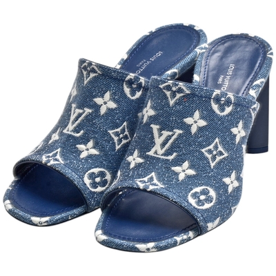 LOUIS VUITTON路易威登 LV 1AD49U經典Monogram花紋牛仔丹寧粗跟涼鞋(展示品-藍色)
