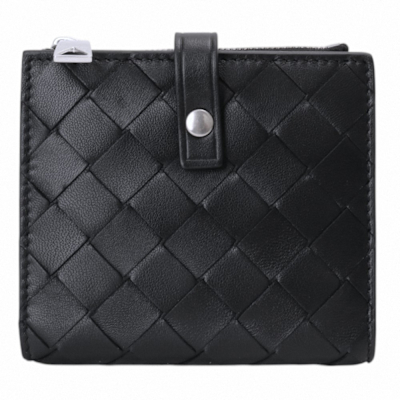 BOTTEGA VENETA Intrecciato 經典編織小牛皮暗釦拉鍊中夾(黑)