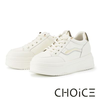 CHOiCE 質感真皮拼接輕量厚底休閒小白鞋 金色
