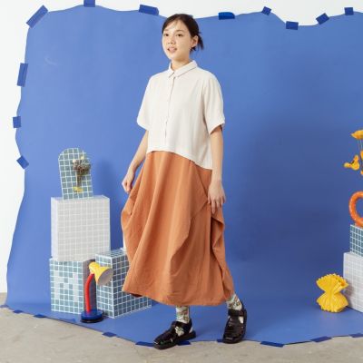【MOSS CLUB】垂墜裙襬假兩件拼接洋裝 米 灰