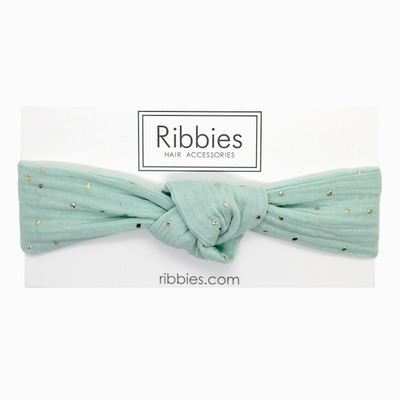 英國Ribbies兒童寬版扭結髮帶-薄荷綠金點點