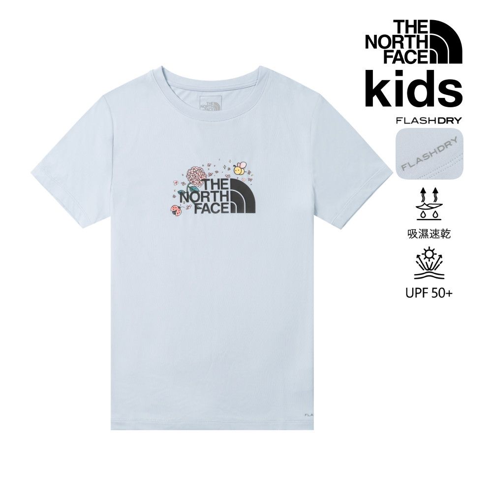 【The North Face 官方旗艦】北面兒童藍色FLASHDRY速乾胸前印花短袖T恤｜8GZZBPO