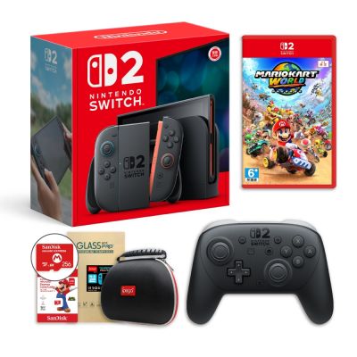 任天堂 Switch 2 主機+NS2賽車世界+保護貼+256G記憶卡+NS2 PRO手把+手把收納包
