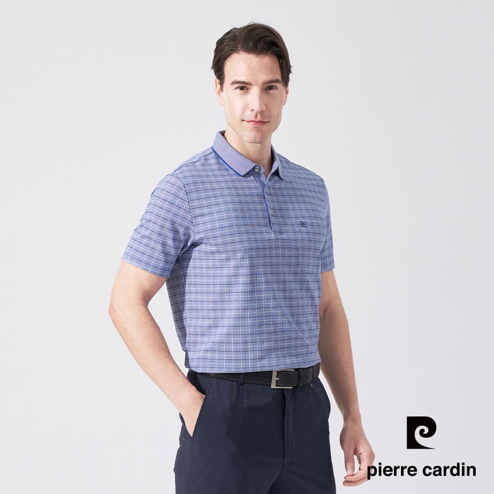 pierre cardin 皮爾卡登 男款 雙色網眼印格短袖POLO衫-藍色(5247257-35)