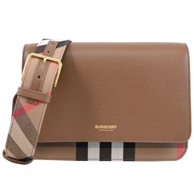 BURBERRY Mackford 英式格紋帆布拼接牛皮寬背帶翻蓋式斜背包(咖/卡其)
