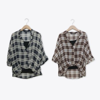 【MASTINA】下擺抓褶格紋襯衫 藍 咖(魅力商品)
