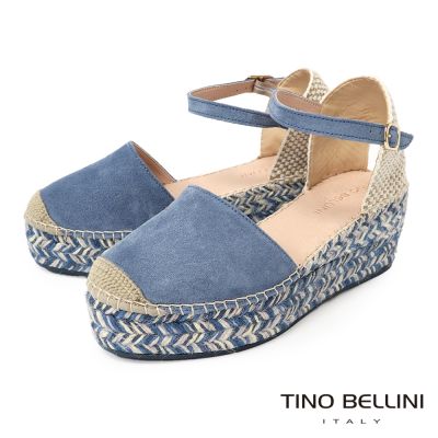 【TINO BELLINI 貝里尼】西班牙進口 漫步雲端 麂皮草編坡跟楔型涼鞋FS5T002-4(天空藍)