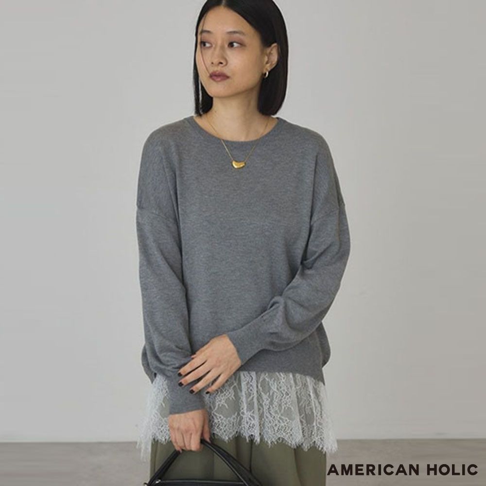 〔AMERICAN HOLIC〕下擺蕾絲拼接圓領針織上衣
