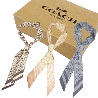 COACH 100%蠶絲領帶長型絲巾領巾髮帶原廠禮盒(多色供選)