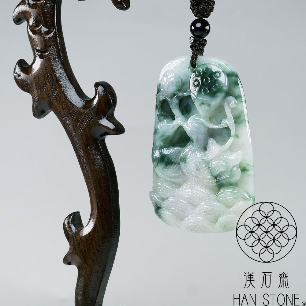 漢石齋】天然翡翠A貨鴛鴦荷合玉珮吊墜飄花種(35*54*8mm) | 漢石齋