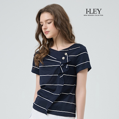 ILEY伊蕾 撞色條紋不對稱絲光綿上衣(深藍；M-2L)