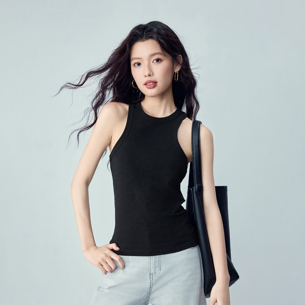 GIORDANO 韓國同款 女裝彈力棉圓領羅紋修身背心【雙色任選】 (09 標誌黑)