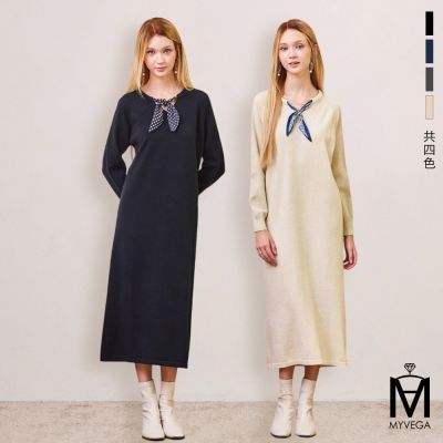 MYVEGA麥雪爾 MA絲巾領口落肩針織長洋裝-共四色