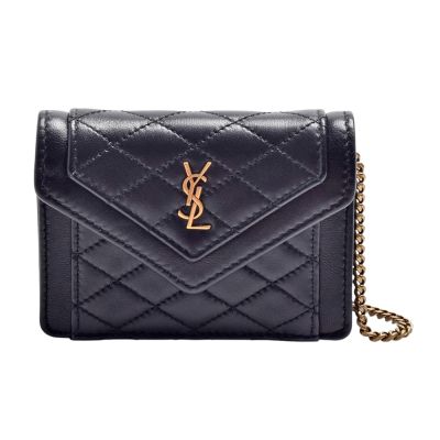 YSL 經典Gaby Mini系列仿舊品牌LOGO小羊皮斜背零錢包(迷你-黑色)