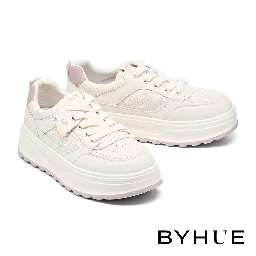休閒鞋 BYHUE 日常百搭炫彩飾片牛皮綁帶軟芯厚底休閒鞋－紫