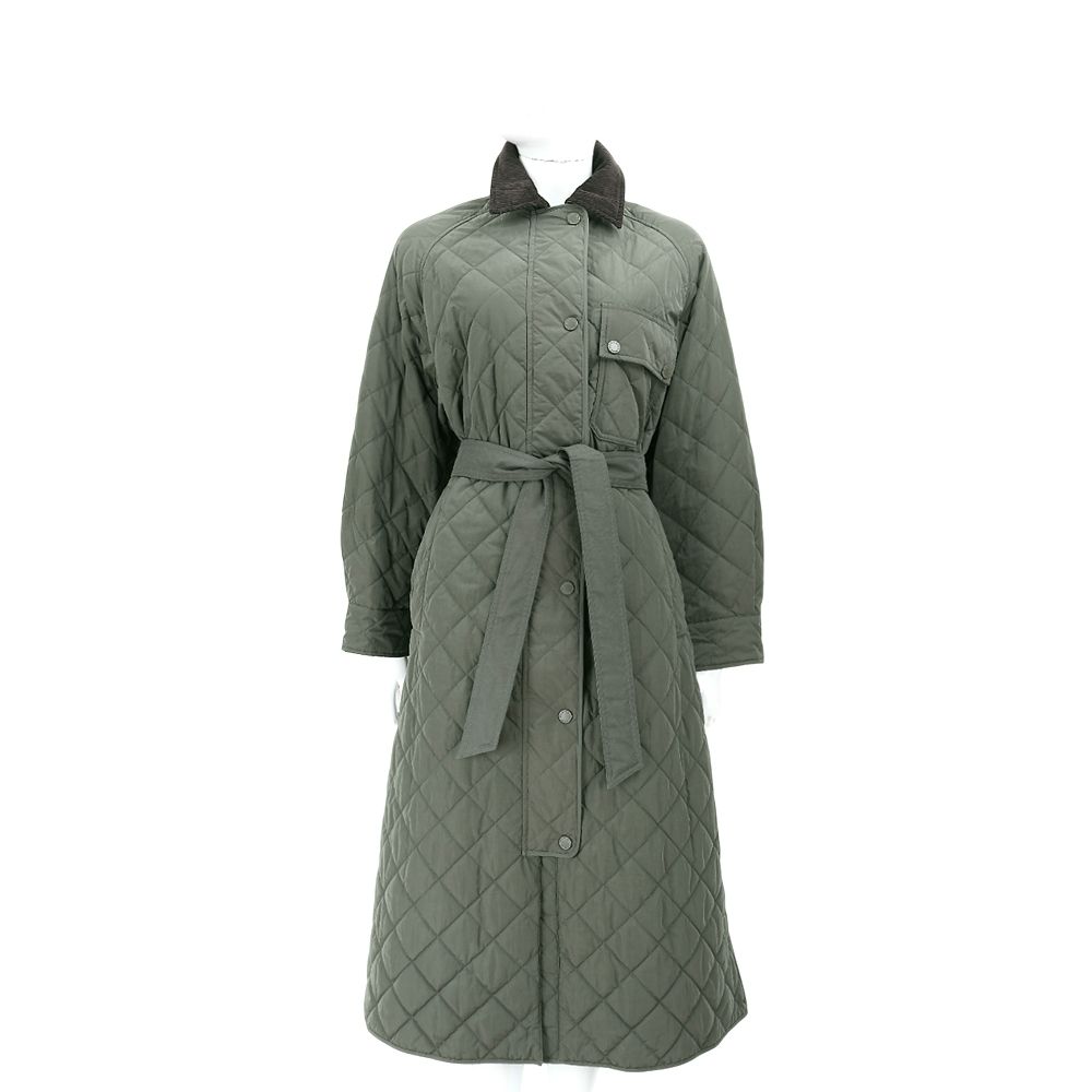 Max Mara-WEEKEND COCCOLE 燈芯絨領 深綠防潑水塔夫綢 長版綁帶菱格大衣 外套