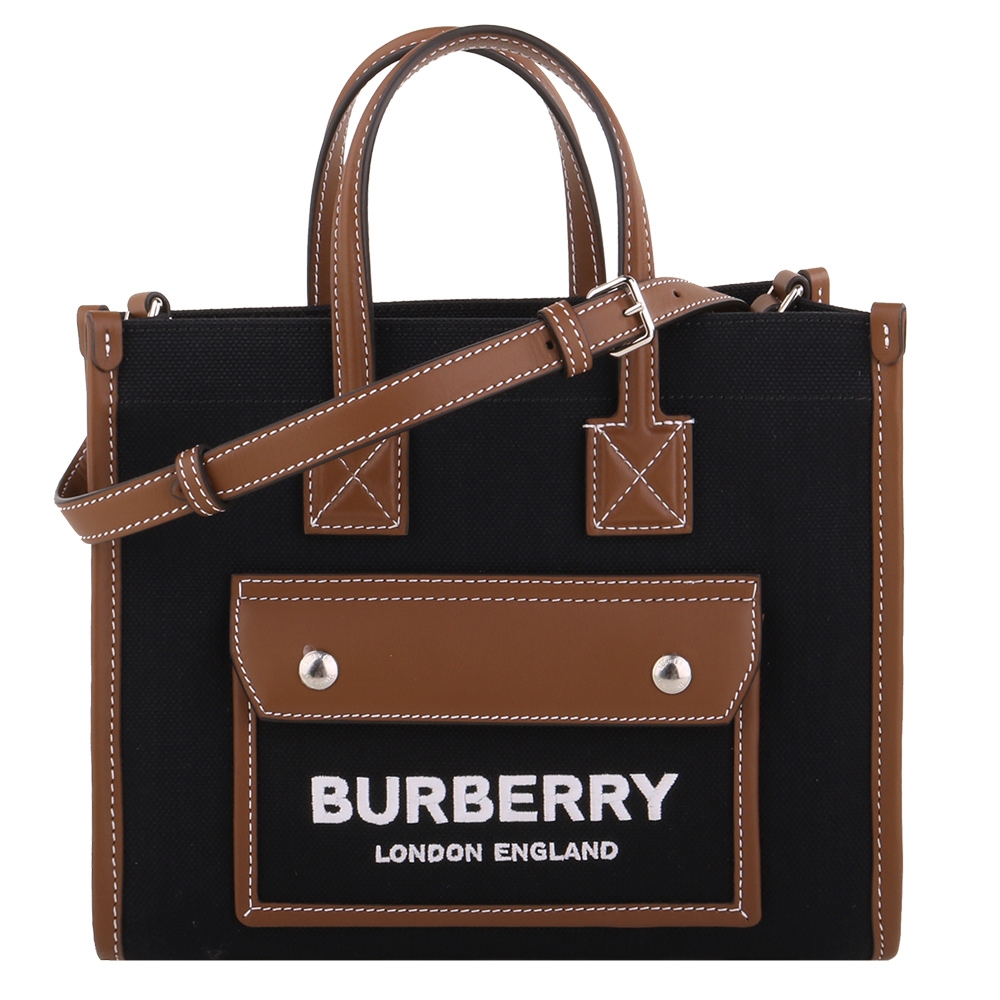 BURBERRY 巴寶莉  白繡線字母標誌帆布皮革邊手提/肩背兩用包(黑)小