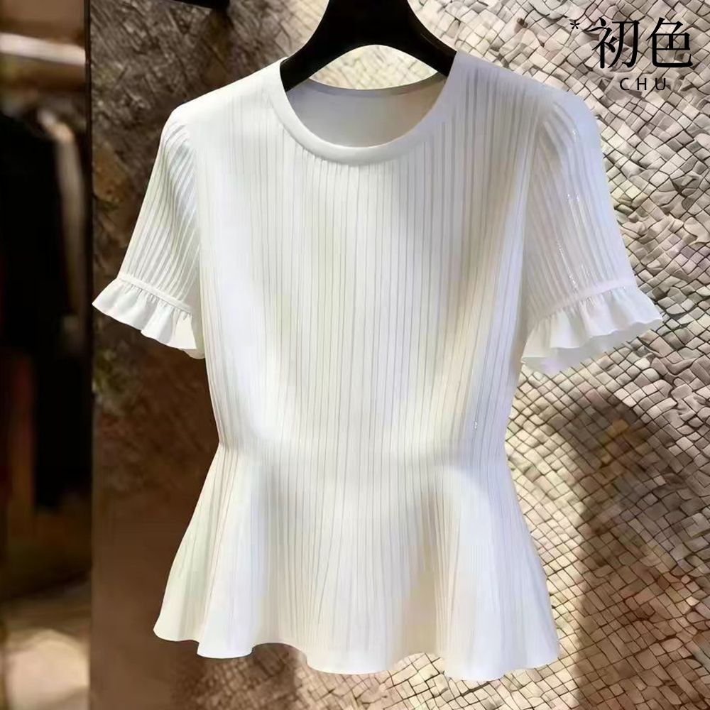 初色 簡約純色圓領荷葉邊短袖褶皺T恤上衣女上衣-白色-52551(M-XL可選)