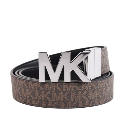 MICHAEL KORS 男款 銀字MK緹花LOGO防刮雙面用窄版皮帶-咖啡色/黑