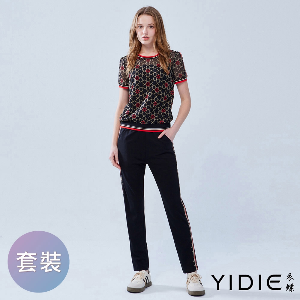 YIDIE衣蝶 六角星刺繡水鑽織帶套裝-黑(上衣褲子分開販售) (上衣)