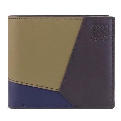 LOEWE PUZZLE 幾何撞色拼接牛皮對開式八卡短夾(綠)