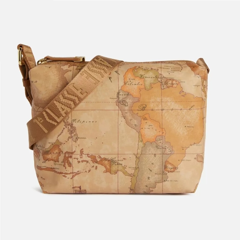Alviero Martini 義大利地圖包 PU尼龍拉鍊斜側背小包23cm -地圖黃 