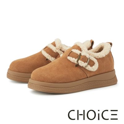 CHOiCE 舒適牛麂皮仿羊羔毛厚底休閒鞋 駝色