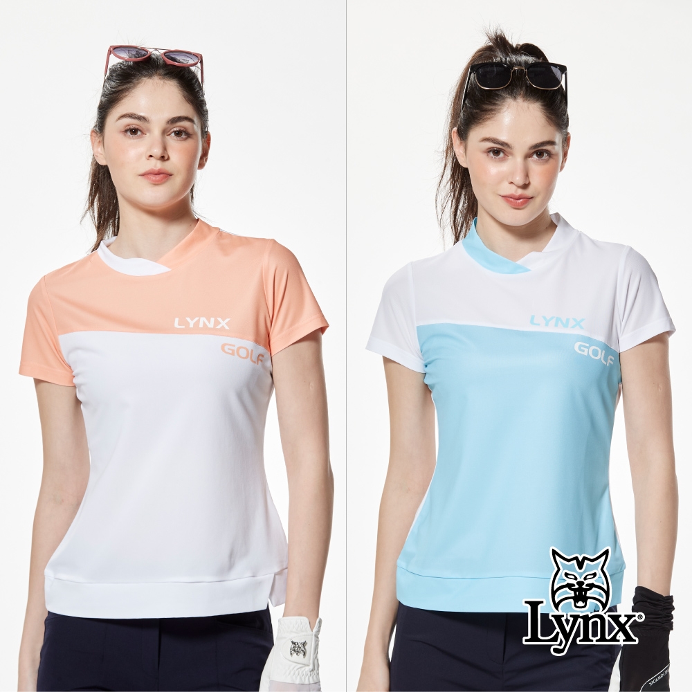 【Lynx Golf】首爾高桿風格！女款合身版吸排抗UV機能網眼材質配布剪接領口下擺造型剪裁短袖圓領POLO衫/高爾夫球衫(二色) (白色)