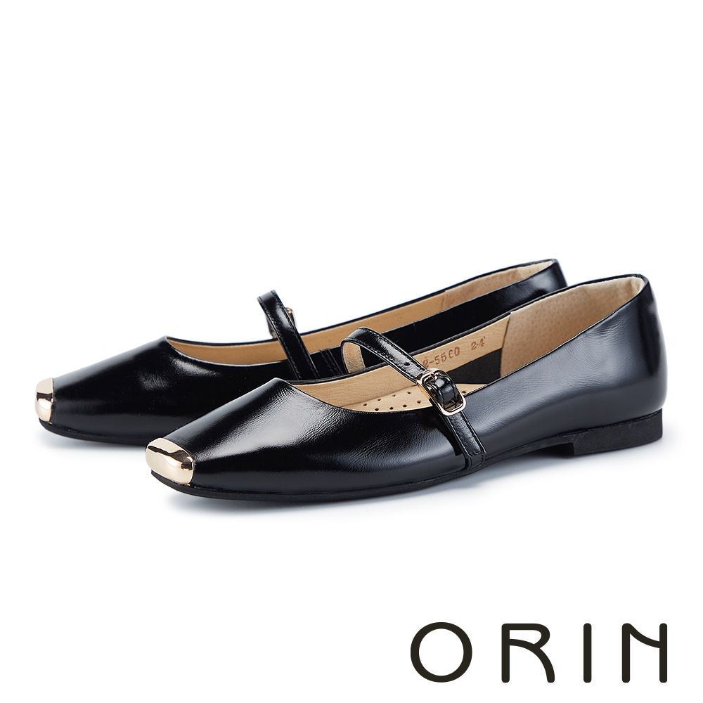 ORIN 牛漆皮金飾方頭瑪莉珍平底鞋 黑色