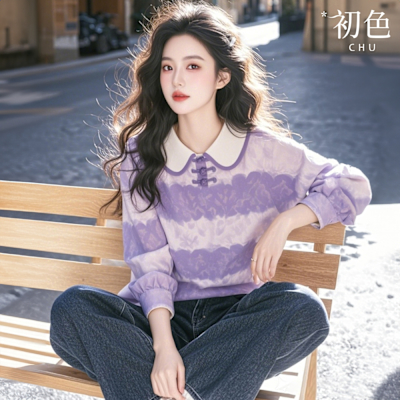 初色 韓版條紋印花盤釦娃娃領長袖上衣女上衣-紫色-10662(M-3XL可選)