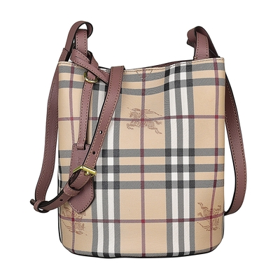 BURBERRY 巴寶莉  Haymarket印花LOGO格紋塗層帆布扣式斜背水桶包(米格紋x藕粉)