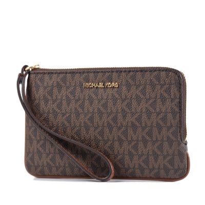 MICHAEL KORS 緹花LOGO防刮手掛L型拉鍊手拿包-咖啡色
