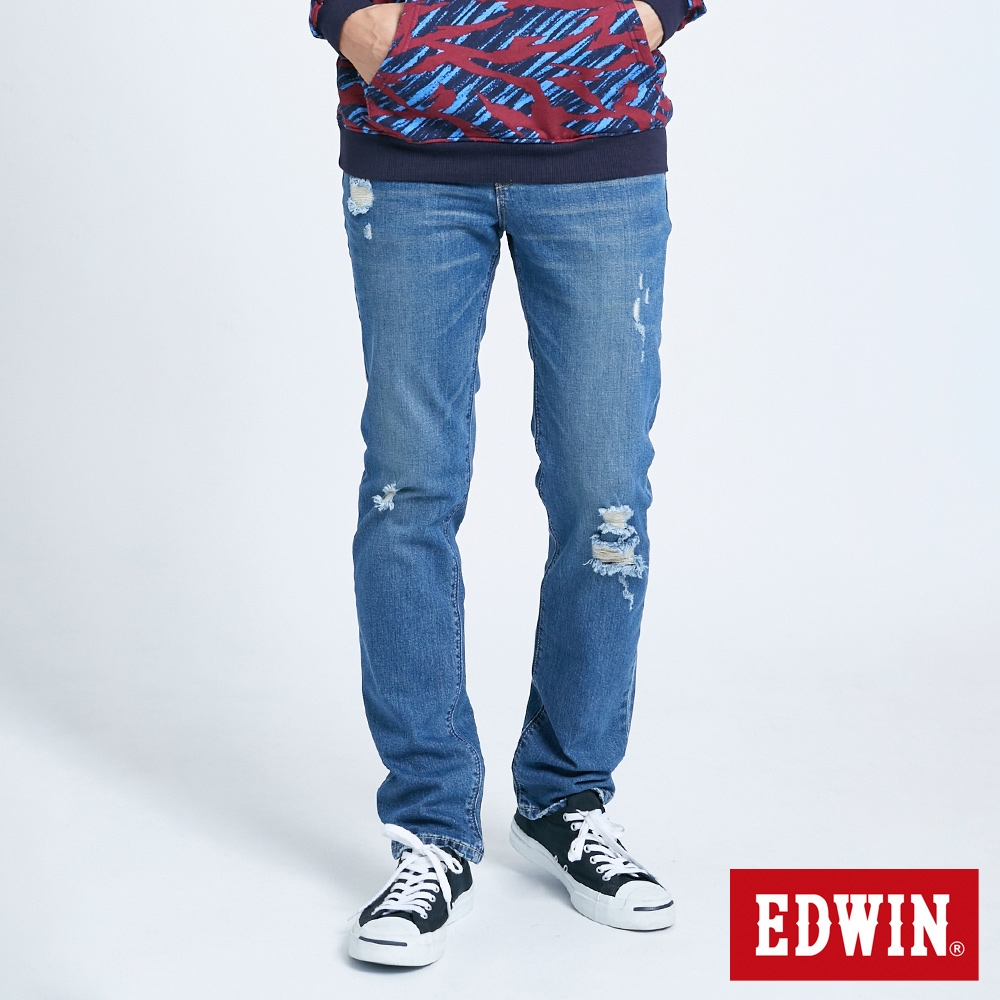 EDWIN 男裝 五袋破壞直筒牛仔褲-拔淺藍