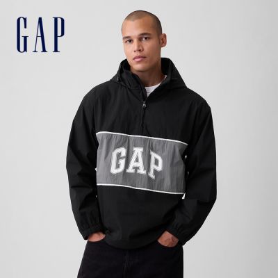 【GAP】寬鬆Gap Logo連帽套頭外套-黑色(906991)