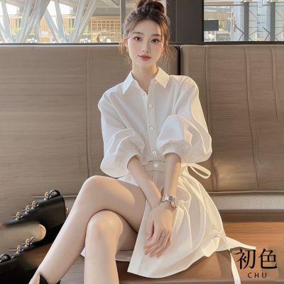 初色 法式純色舒適顯瘦百搭收腰翻領長袖襯衫中長裙連衣裙連身洋裝-白色-15113(M-2XL可選)