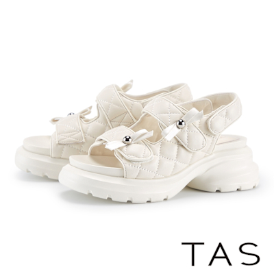 TAS 羊皮繡格蝴蝶結造型厚底涼鞋 米白