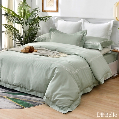 【Great Living格蕾寢飾】義大利La Belle 蔓蔓旋花 加大長絨細棉刺繡四件式被套床包組-綠色
