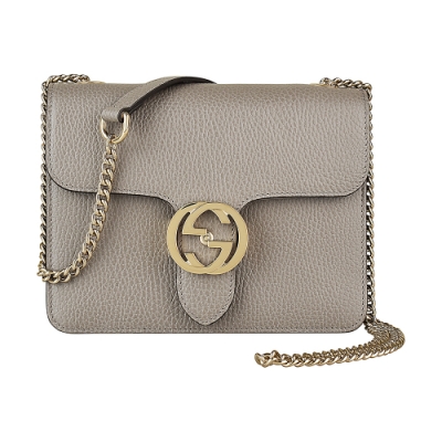 GUCCI 古馳 雙G金屬大LOGO牛皮鏈帶雙夾層扣式斜背包(迷你/煤灰)