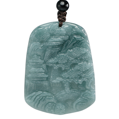 漢石齋】天然翡翠A貨山水玉佩吊墜藍水種飄花(36*47*4mm) | 漢石齋