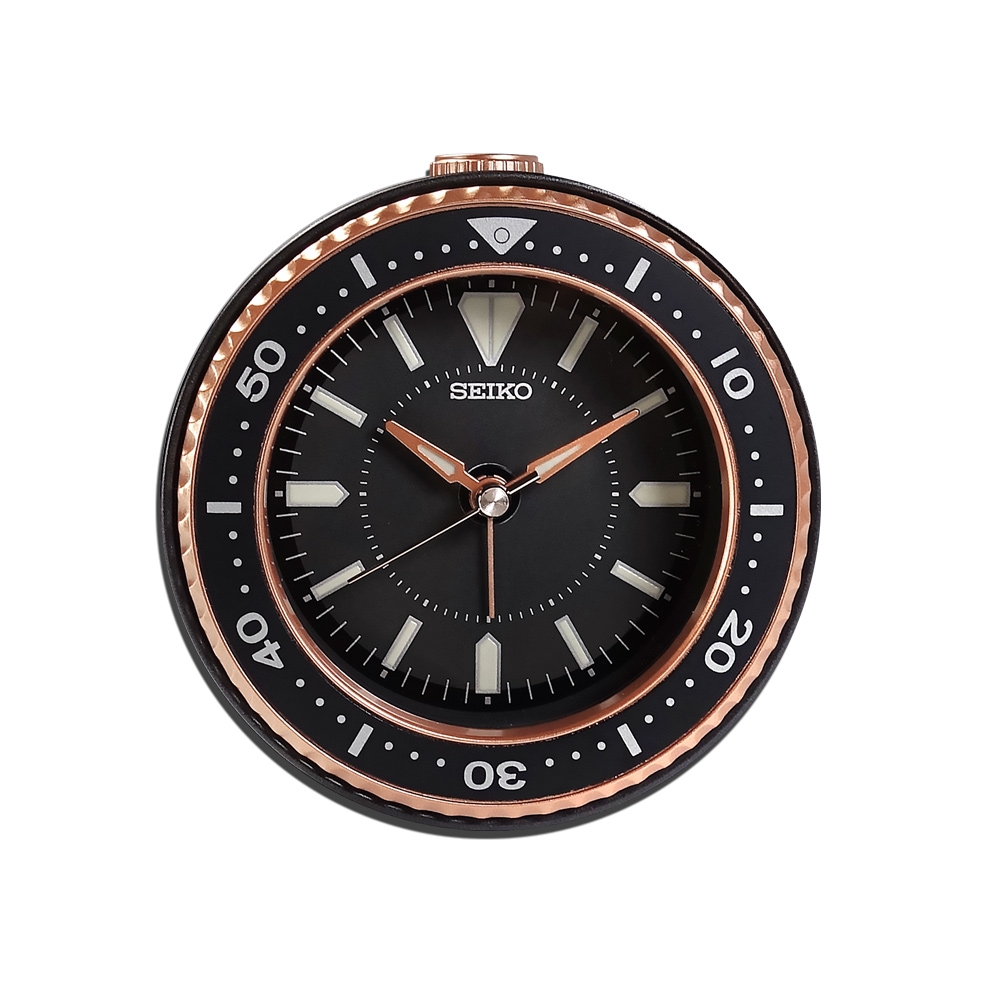 SEIKO 精工/ 潛水錶造型燈光照明貪睡鬧鈴指針靜音鬧鐘-黑x玫瑰金