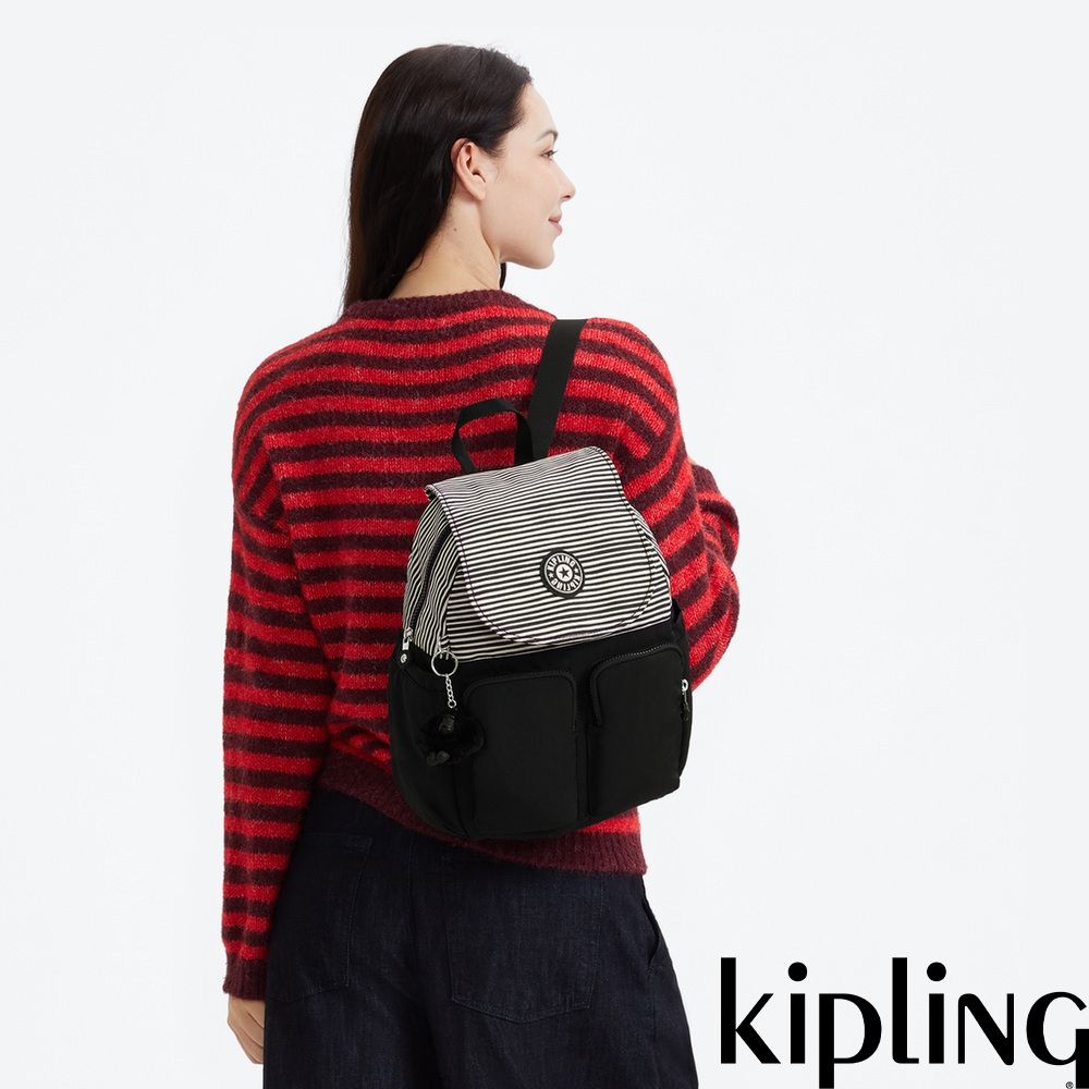 『猴子包』Kipling 白色條紋拼接掀蓋多袋收納後背包-CITY POCKET S