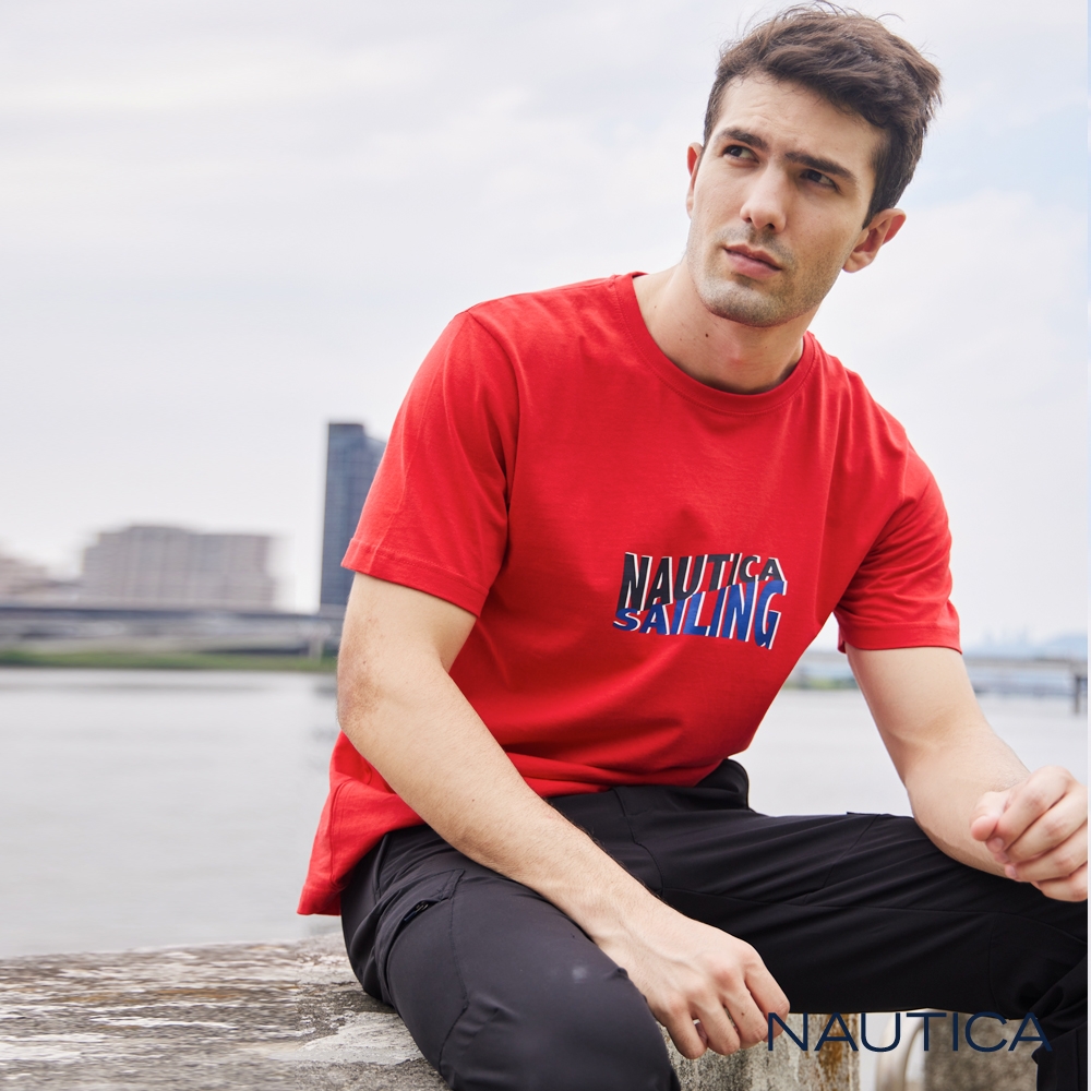 Nautica 男裝 潮流品牌LOGO撞色短袖T恤-紅色