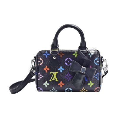 LOUIS VUITTON路易威登 LV  M13406 村上隆聯名Nano Speedy系列Monogram帆布牛皮飾邊手提/斜背包(迷你-黑色)