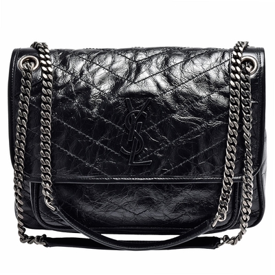 YSL 經典NIKI系列黑色金屬LOGO復古銀鍊揉製小牛皮翻蓋肩/斜揹包(中 黑)