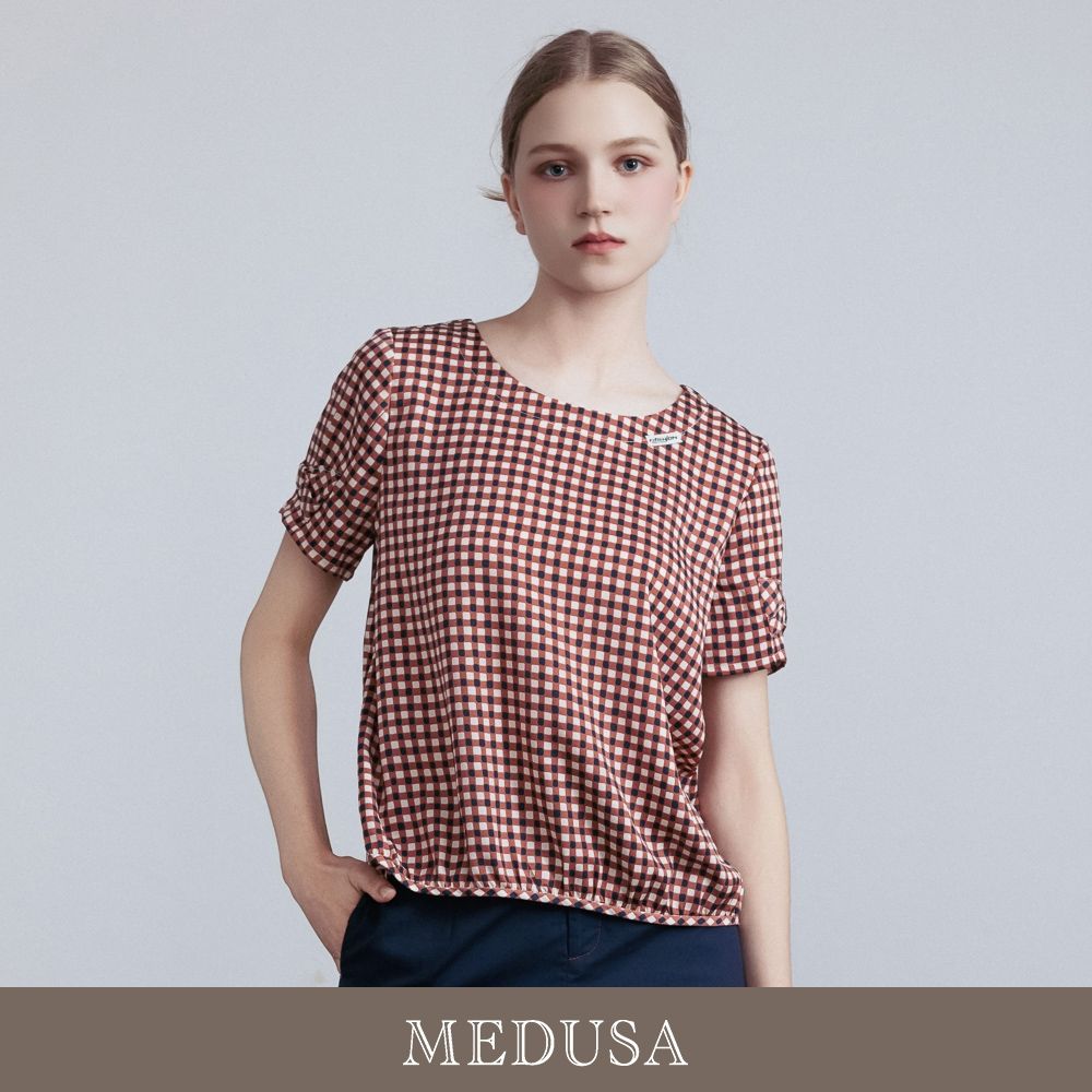 現貨【MEDUSA 曼度莎】台灣製 野餐感復古格紋嫘縈涼感上衣（M-XL）｜女短袖上衣 格紋上衣 涼感嫘縈