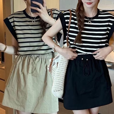 La Belleza韓版圓領條紡落肩無袖背心T恤+鬆緊腰抽繩工裝短裙兩件式套裝