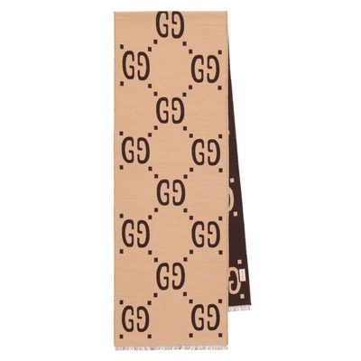 GUCCI 古馳 雙G logo緹花 羊毛混絲 雙色 圍巾 棕色 米色 495592