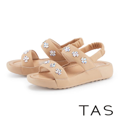 TAS 真皮水鑽花飾厚底涼鞋 棕色